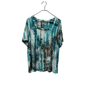 JM Collection Woman Teal Abstract Print Square Neck Tunic Top Plus Size 2X